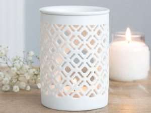 White Matte Lattice ceramic tealight burner for fragrance oils and wax melts